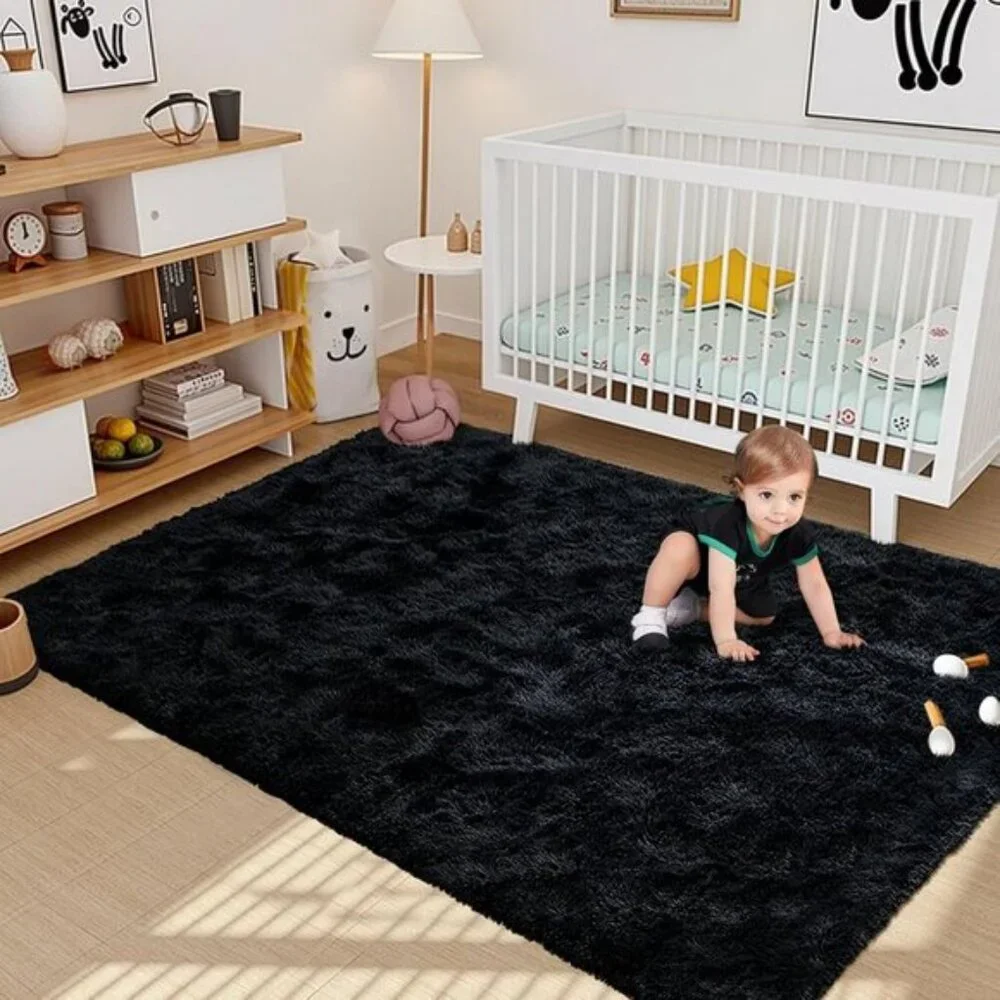 New 4x6 Black Fluffy Rug, Non-Slip Shag Carpet for Home & Room Decor